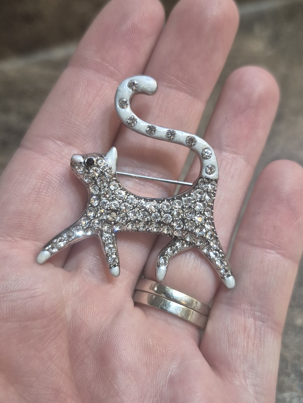 Silver Crystal Cat Brooch Pin - Sparkling Cat Accent